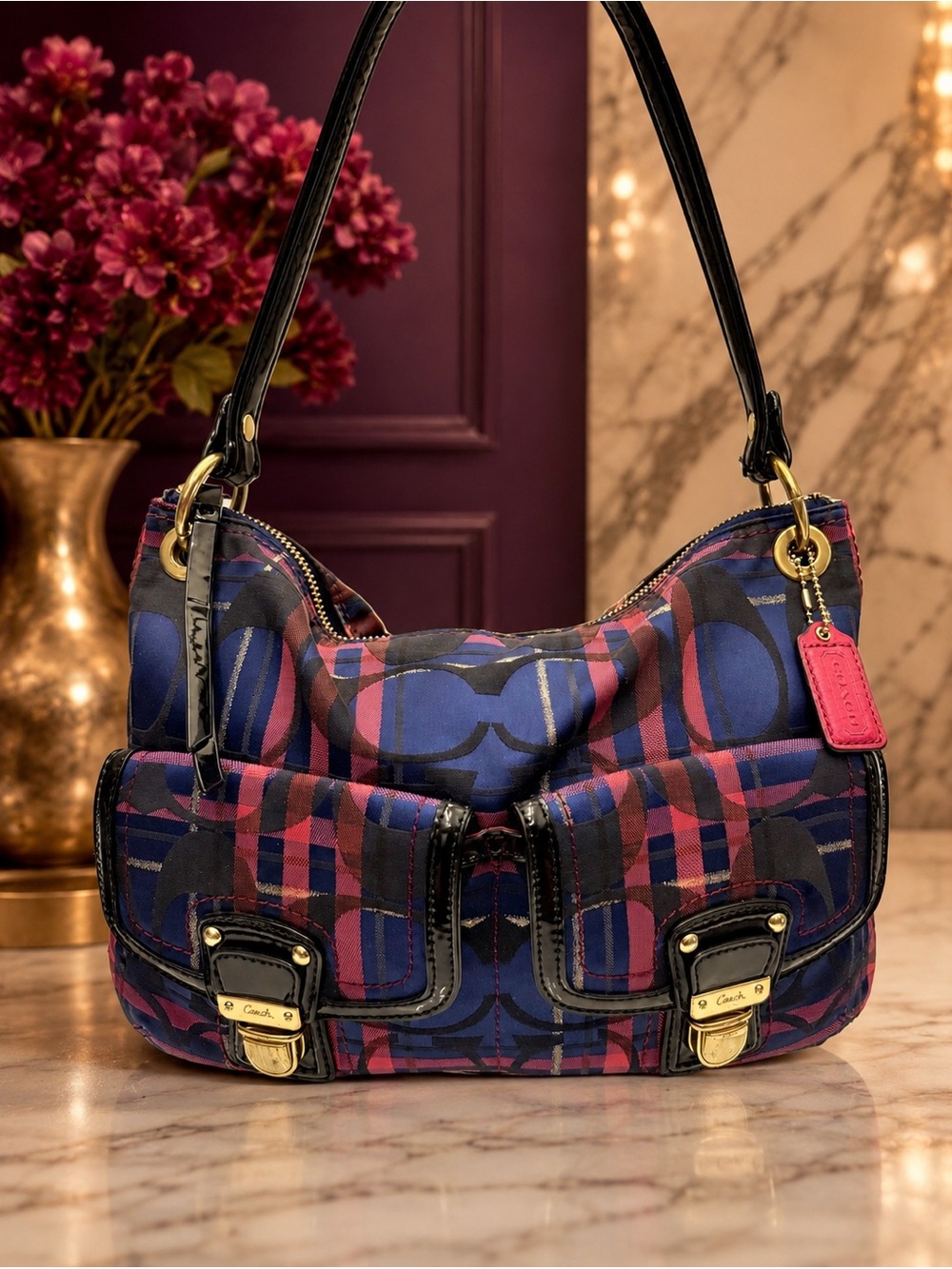 Vintage Coach Poppy Tartan Signature Bag
 in Navy, Pink & Black.